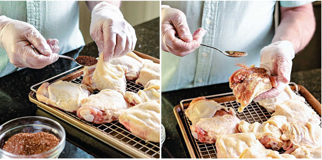 Process steps for prepping chicken thighs for the smoker: sprinkle spice mix under the skin, sprinkle spice mix on all sides.