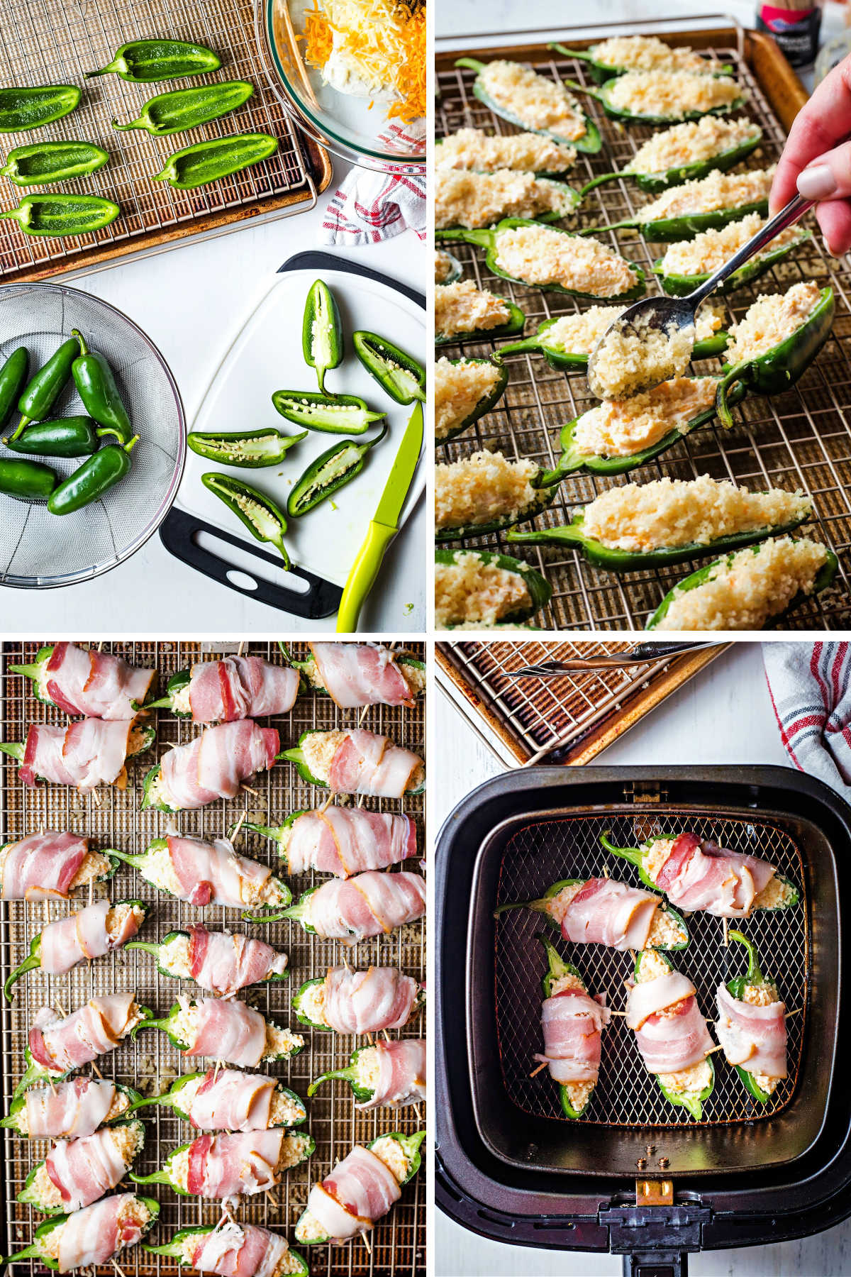 process steps for making air fryer jalapeno poppers: remove seeds from peppers; fill with cheese and top with breadcrumbs; wrap in bacon; cook in air fryer.