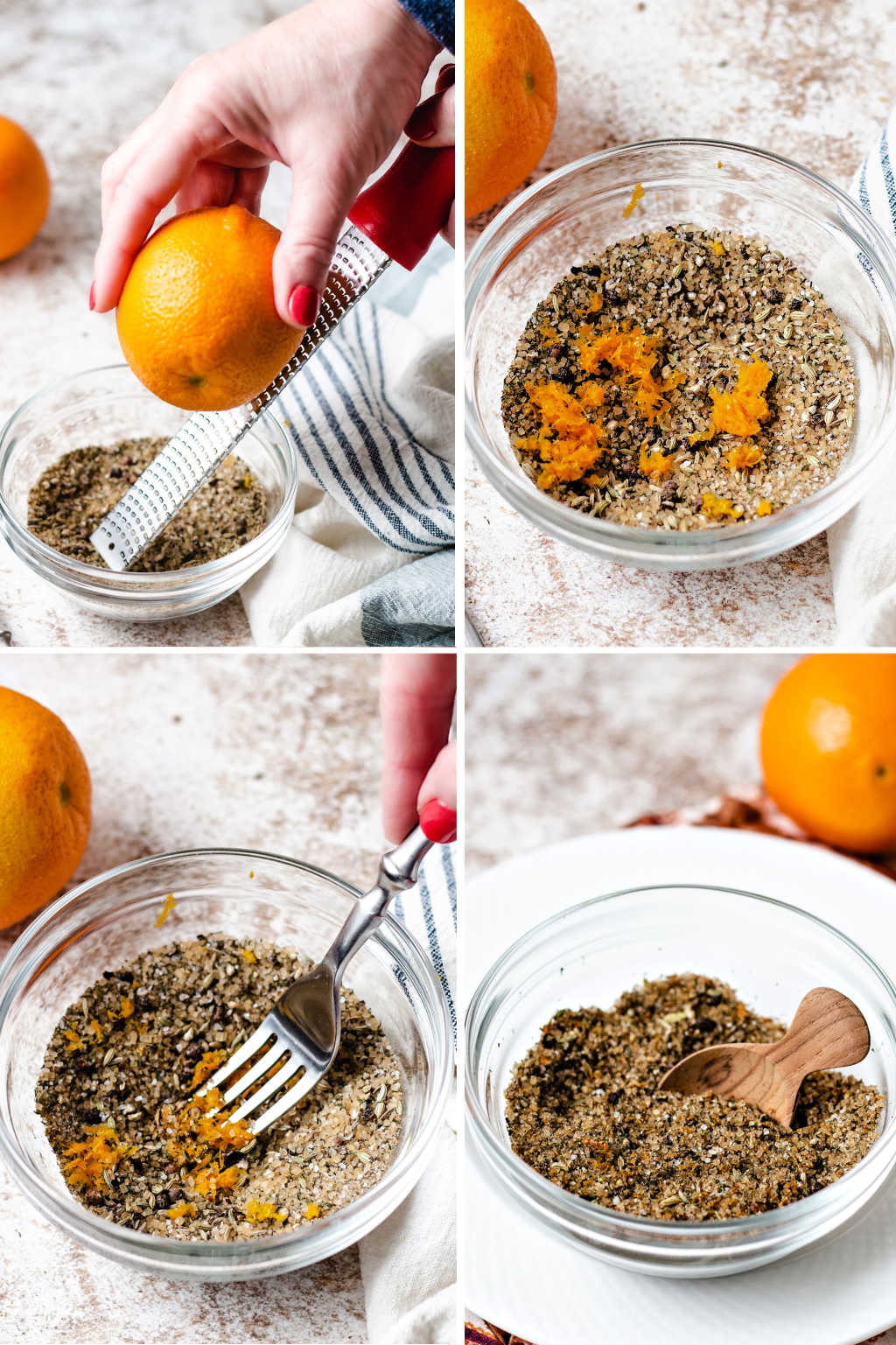 process steps for zesting an orange and stirring it into crushed spices for citrusy salmon rub.