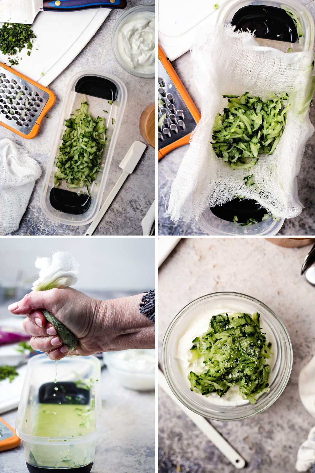 process steps for making cucumber sauce for Greek Turkey Burgers.