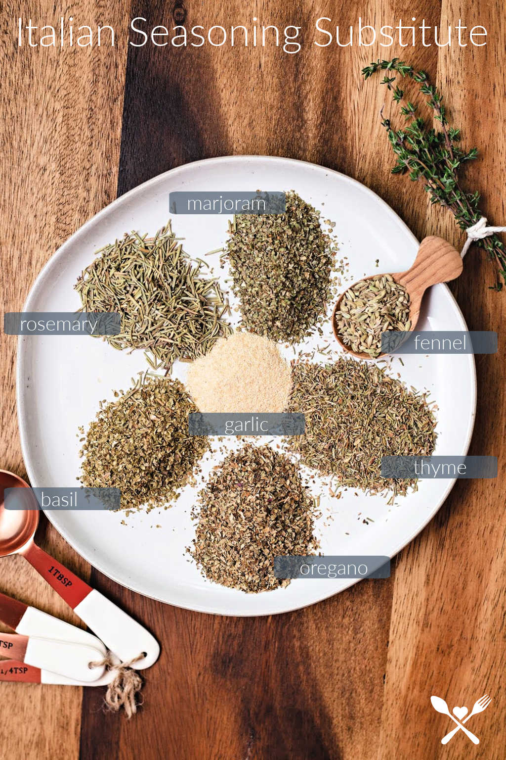 spices for italian seasoning substitute on a white plate on a wooden table.