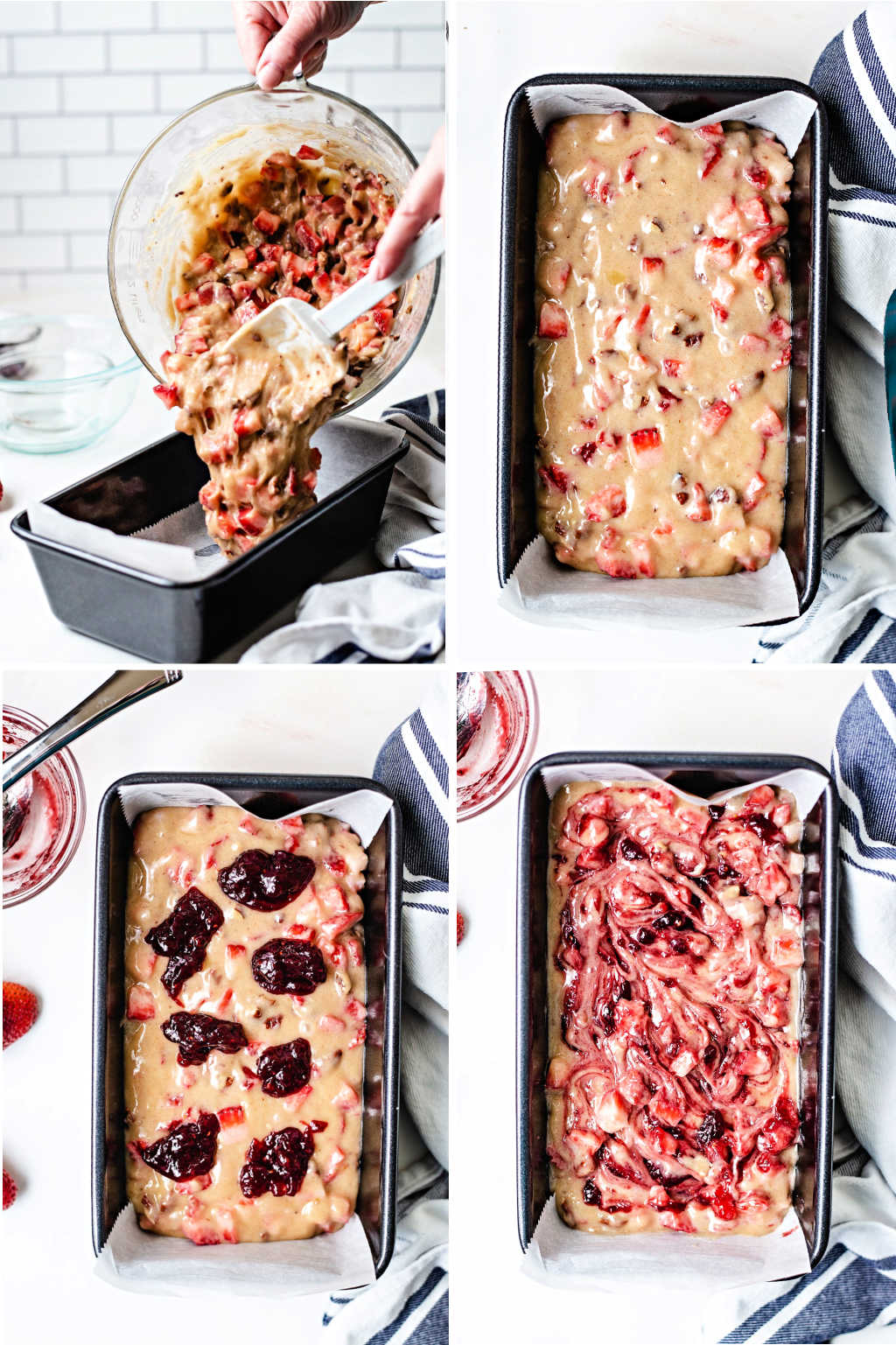 process steps for swirling jam into the top of batter for strawberry bread.