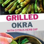 Grilled Okra on a black platter with a bowl of dipping sauce.
