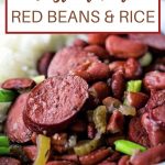 INSTANT POT RED BEANS AND RICE IN A WHITE BOWL ON A WOODEN TABLE.