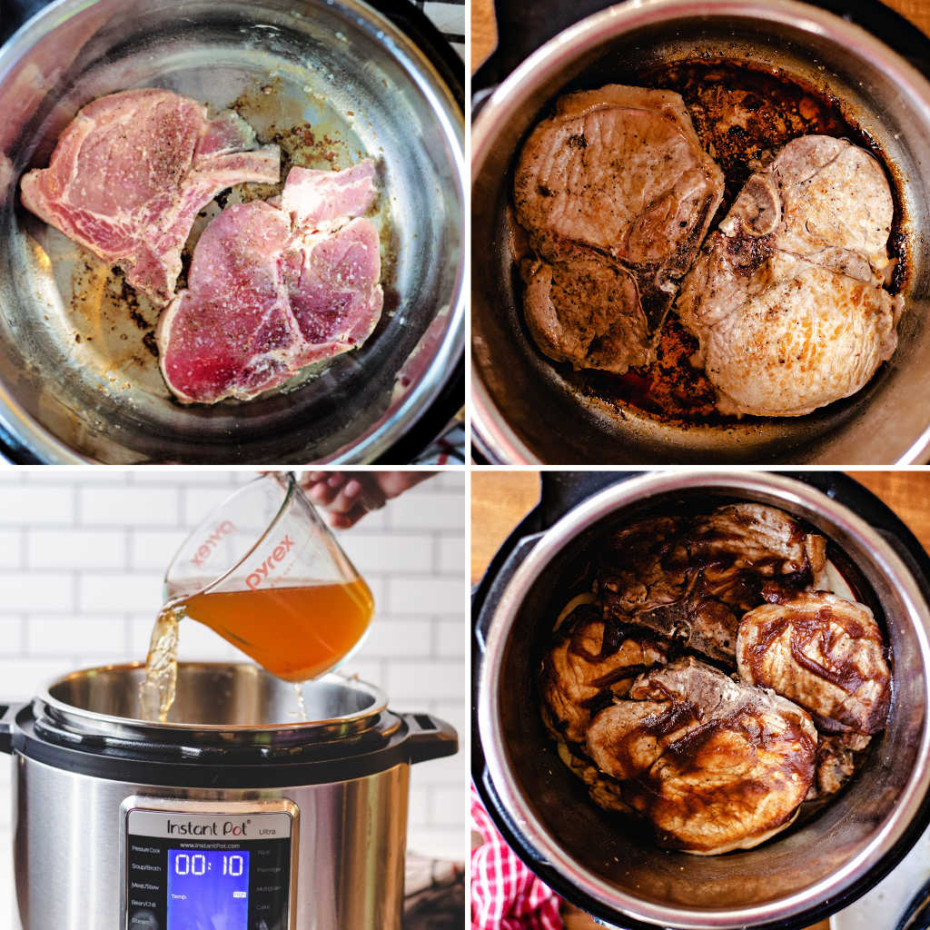process shots for making instant pot pork chops: brown pork chops; add chicken broth; spread apple butter on top of chops.