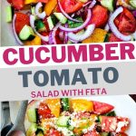 mediterranean cucumber tomato salad in a bowl with salad tongs.