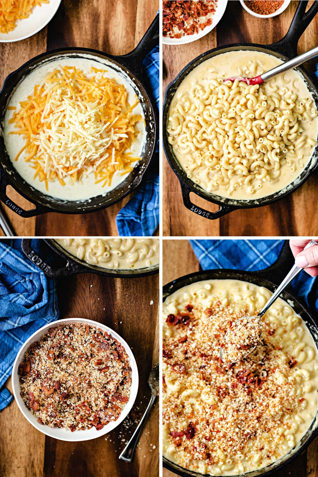 process steps for making smoked mac and cheese: 1) make cheese sauce 2) add cooked macaroni 3) make bacon crumb topping 4) spoon toping on top before cooking.