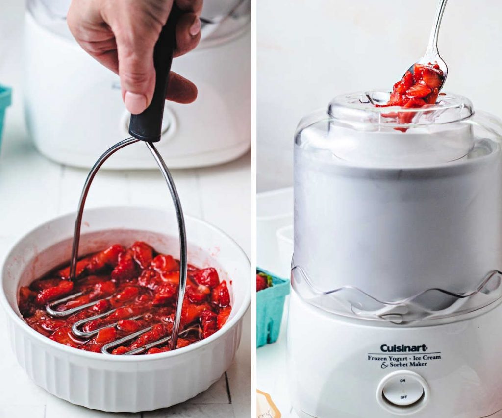 crushing strawberries with a potato masher and spooning them into ice cream maker.