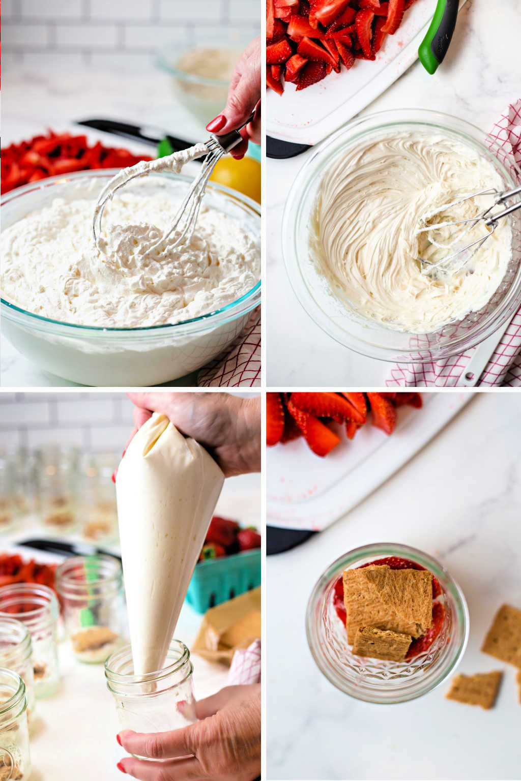 process steps for preparing strawberry ice box cake: 1) combine cream cheese, powdered sugar, and flavorings; 2) whip whipping cream; 3) pipe mixture into jars; 4) layer graham crackers on top of cream.