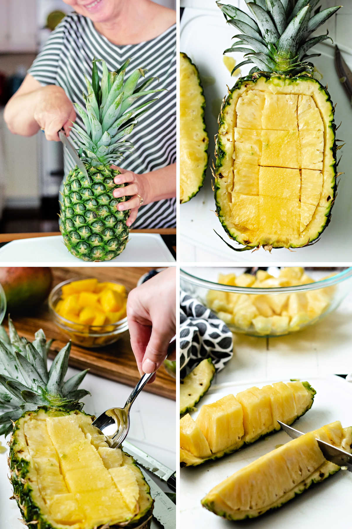 process steps for making a pineapple bowl: slice off 1/3 of pineapple, score with a knife, remove sections.