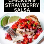 GRILLED CHICKEN BREAST WITH STRAWBERRY SALSA ON A WHITE PLATE.