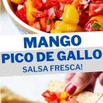 Mango Pico de Gallo in a white bowl garnished with cilantro.
