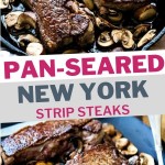 two New York strip steaks with mushrooms on a slate plate.