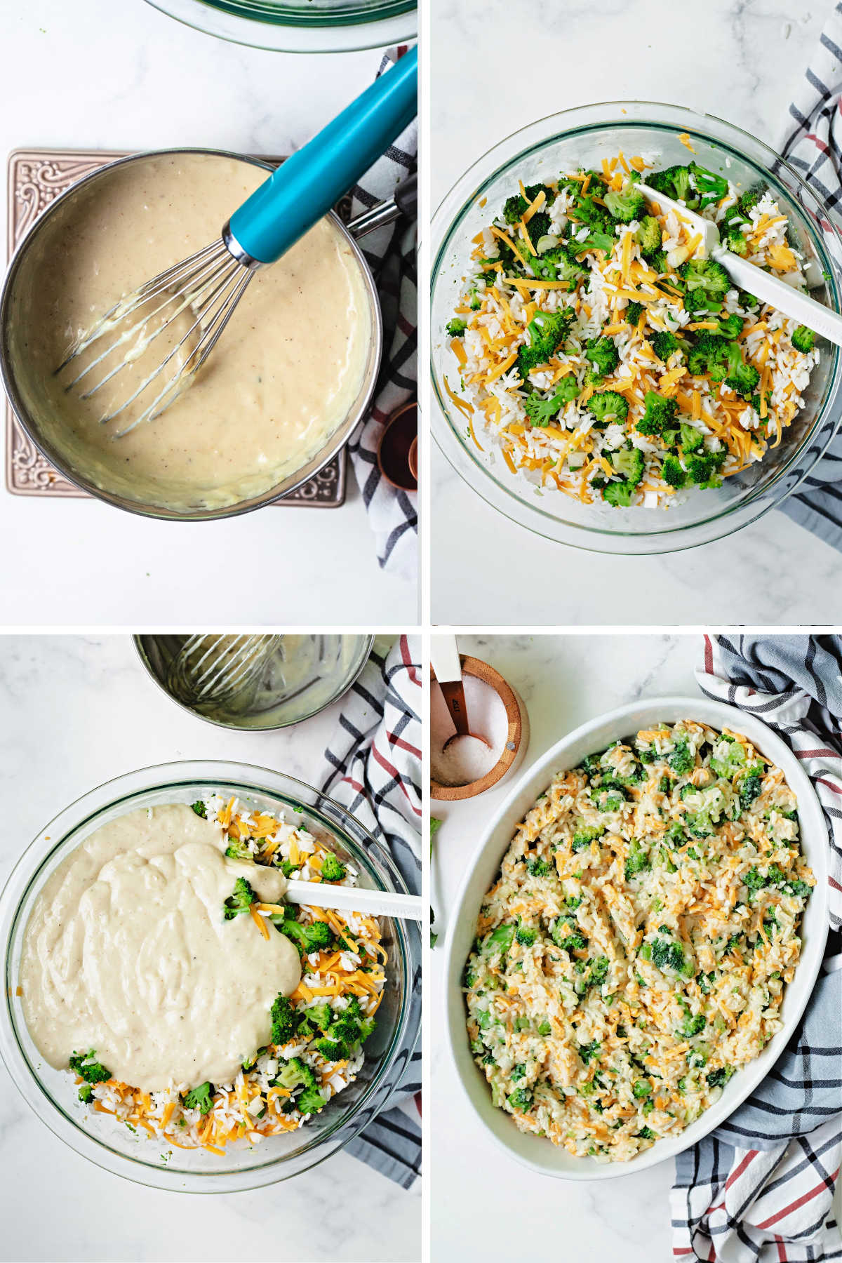 process steps for making a broccoli rice casserole: 1) make the cream sauce 2) mix together broccoli, rice, cheese 3) mix all ingredients 4) place in casserole dish