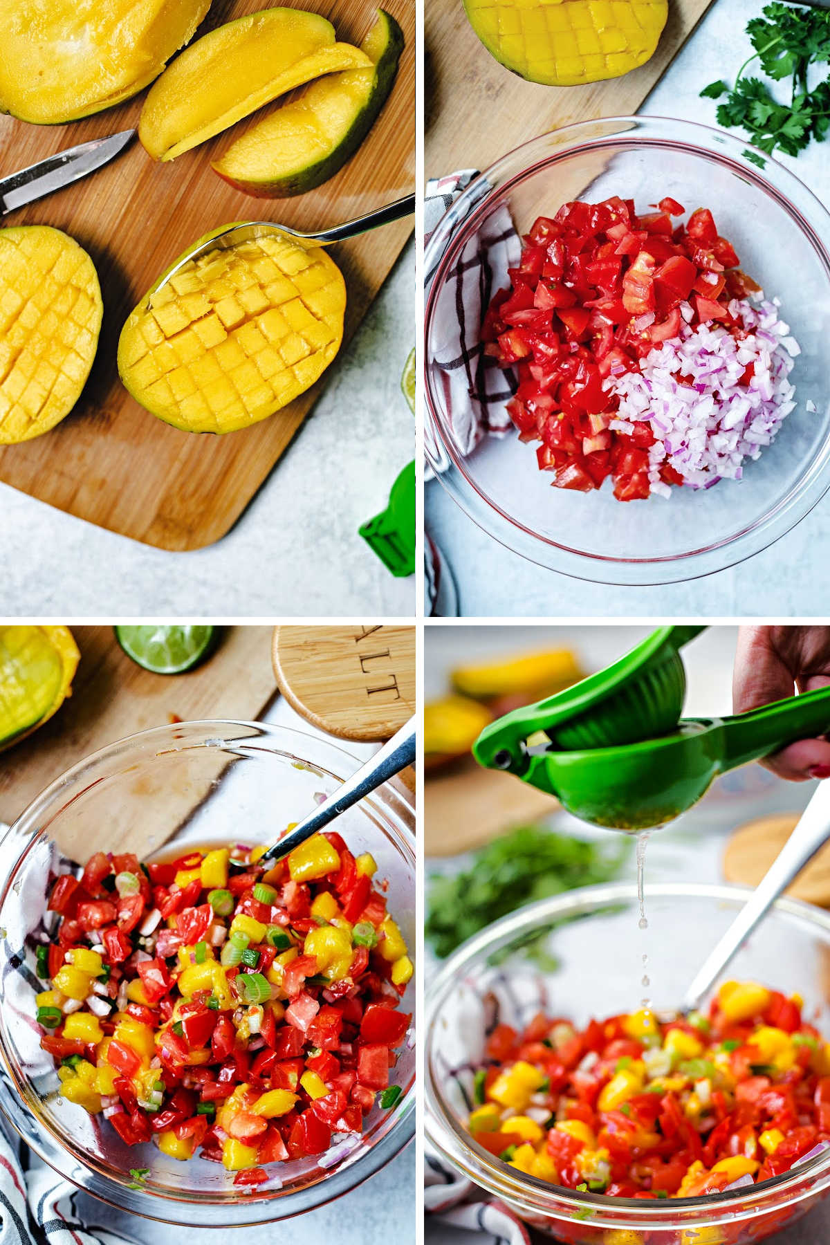 process steps for making mango tomato salsa: chop mango, dice tomatoes and onion, combine with garlic and peppers, add lime juice.