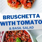 3 slices of bruschetta with tomato salad on a white plate.