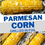 an ear of grilled corn with holders in each end on a crumpled piece of aluminum foil on a blue plate.