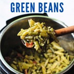 a wooden spoon lifting green beans out of an instant pot.