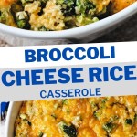 SOUTHERN BROCCOLI CHEESE RICE CASSEROLE IN A WHITE DISH.