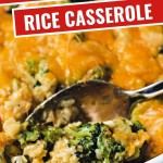 SOUTHERN BROCCOLI CHEESE RICE CASSEROLE IN A WHITE DISH.