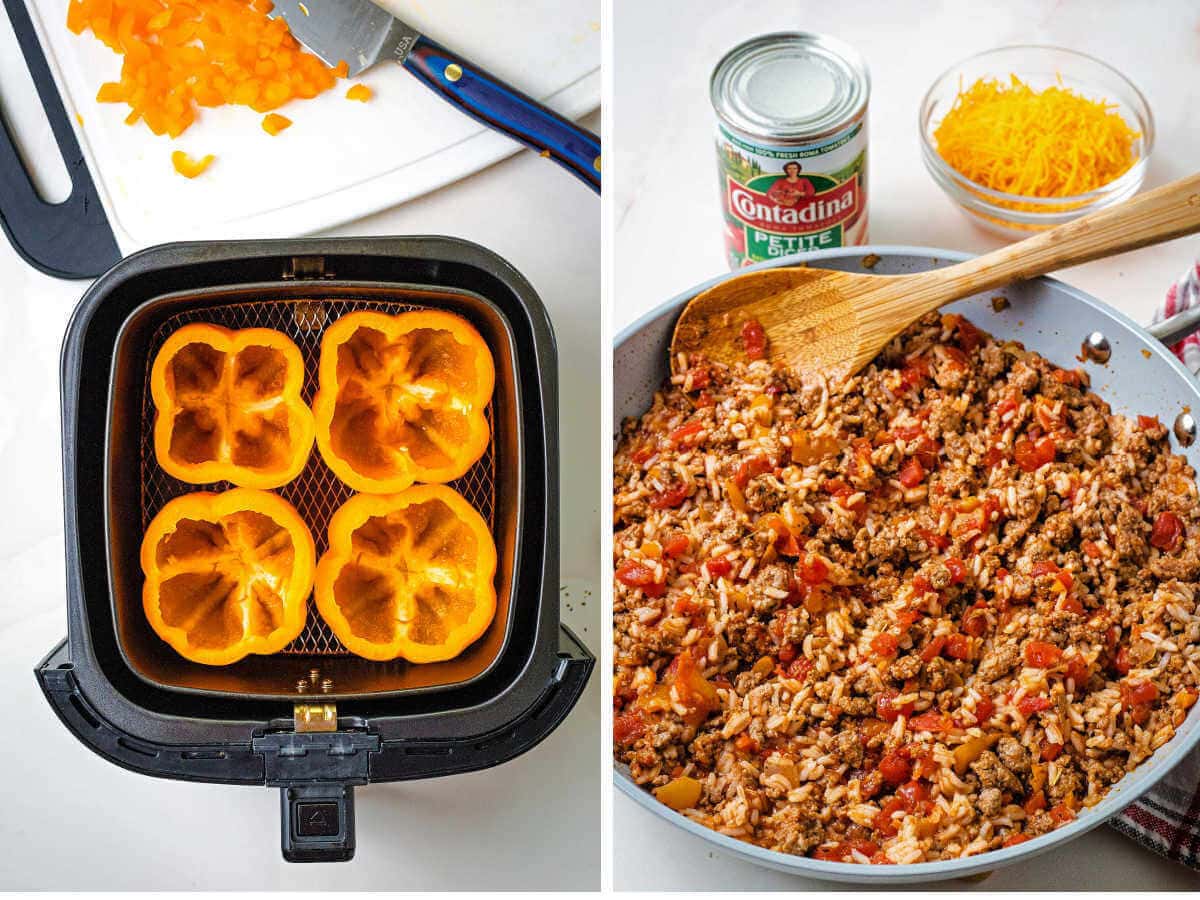 Process steps for making air fryer stuffed peppers; pre-cook peppers in air fryer, saute ground beef filling.