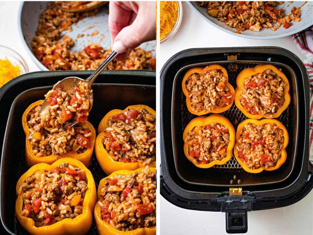 Process steps for making air fryer stuffed peppers;  fill peppers with beef mixture.