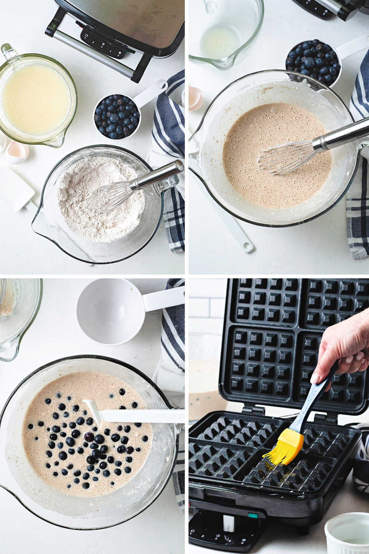 process steps for making blueberry waffles: whisk dry and wet ingredients separately; combine wet and dry ingredients; fold in fresh blueberries; brush waffle iron with oil.