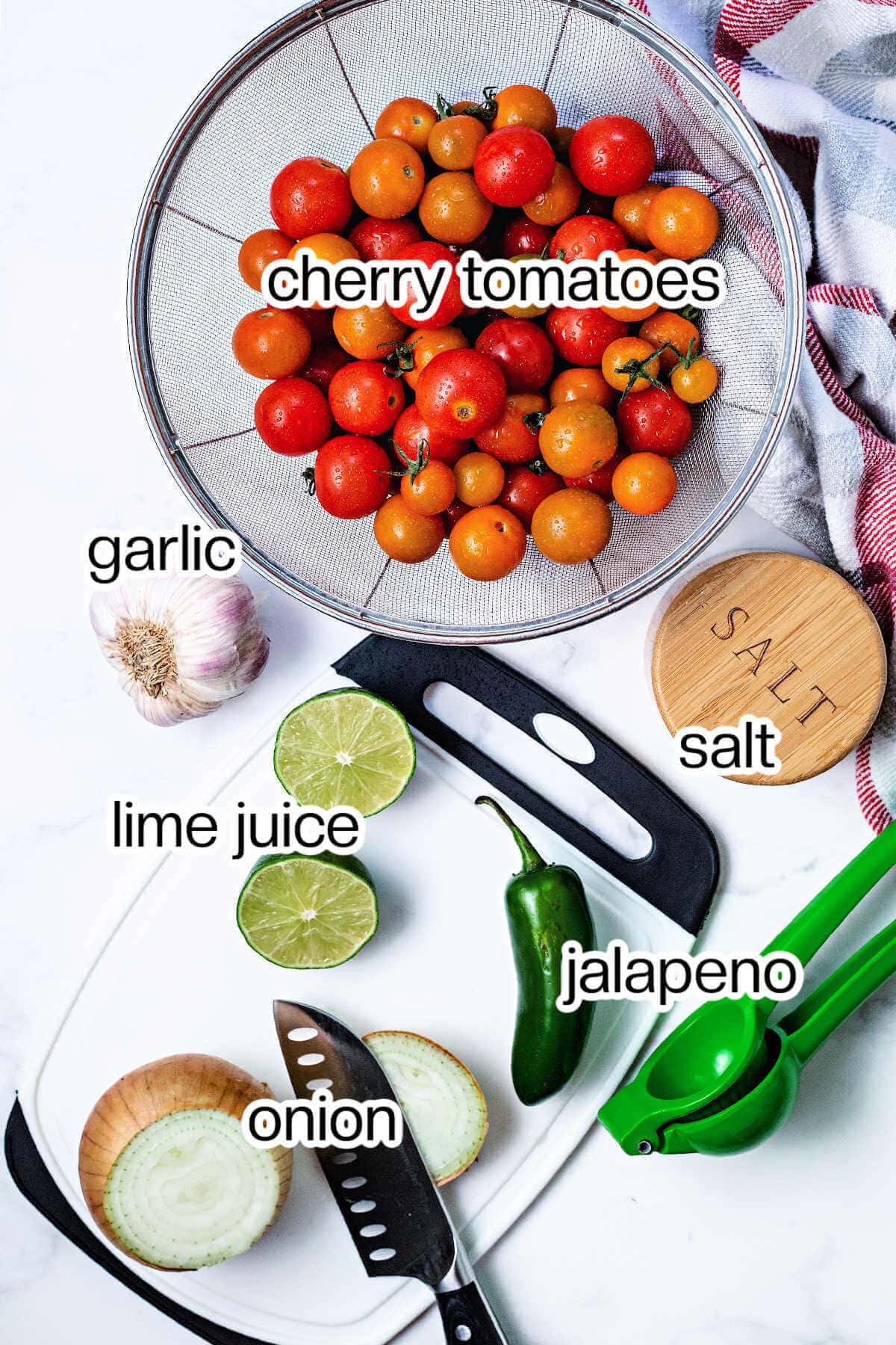 Ingredients for Cherry Tomato Salsa on a table.