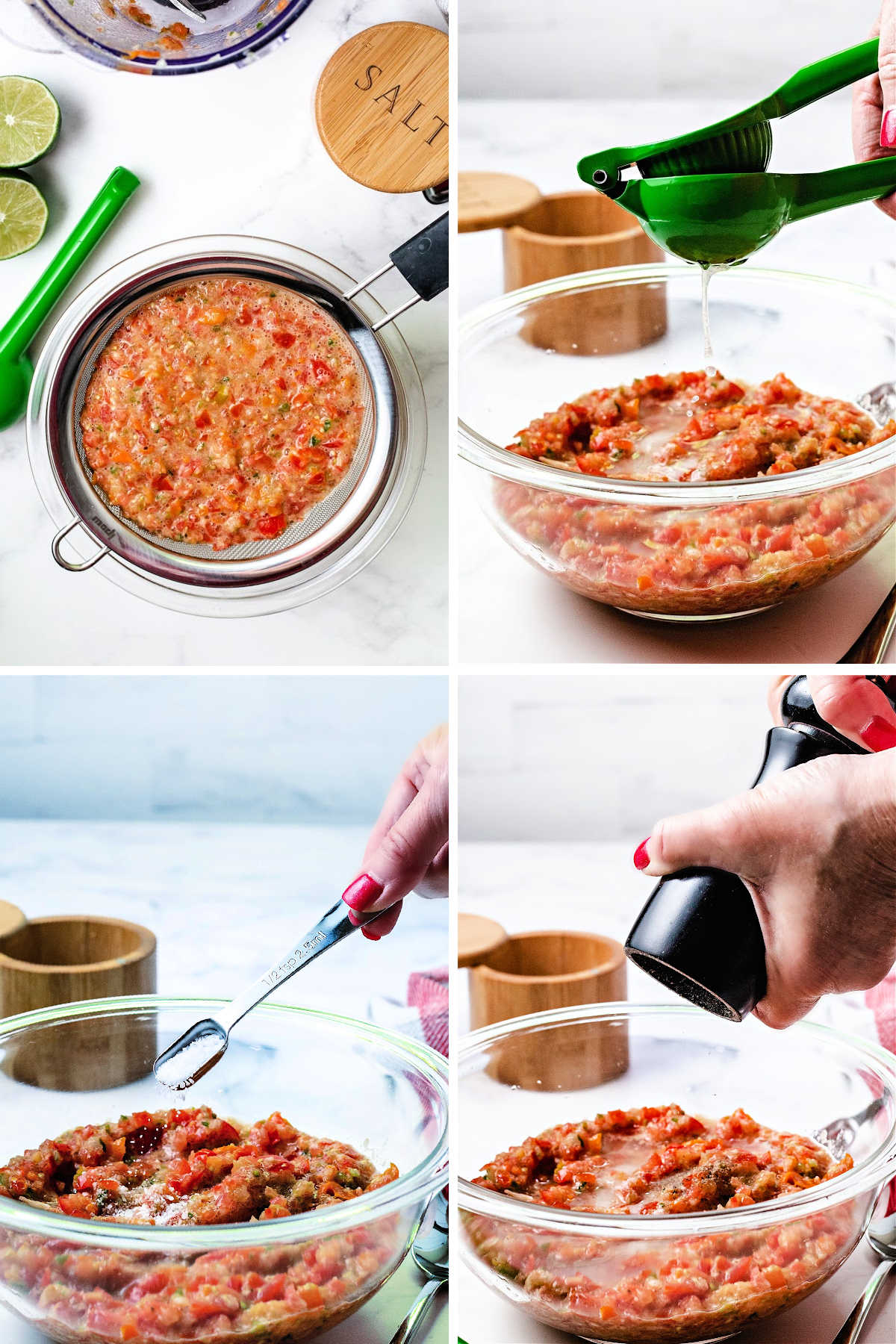 process steps for making cherry tomato salsa: strain chopped salsa; add lime juice; add salt; add black pepper.