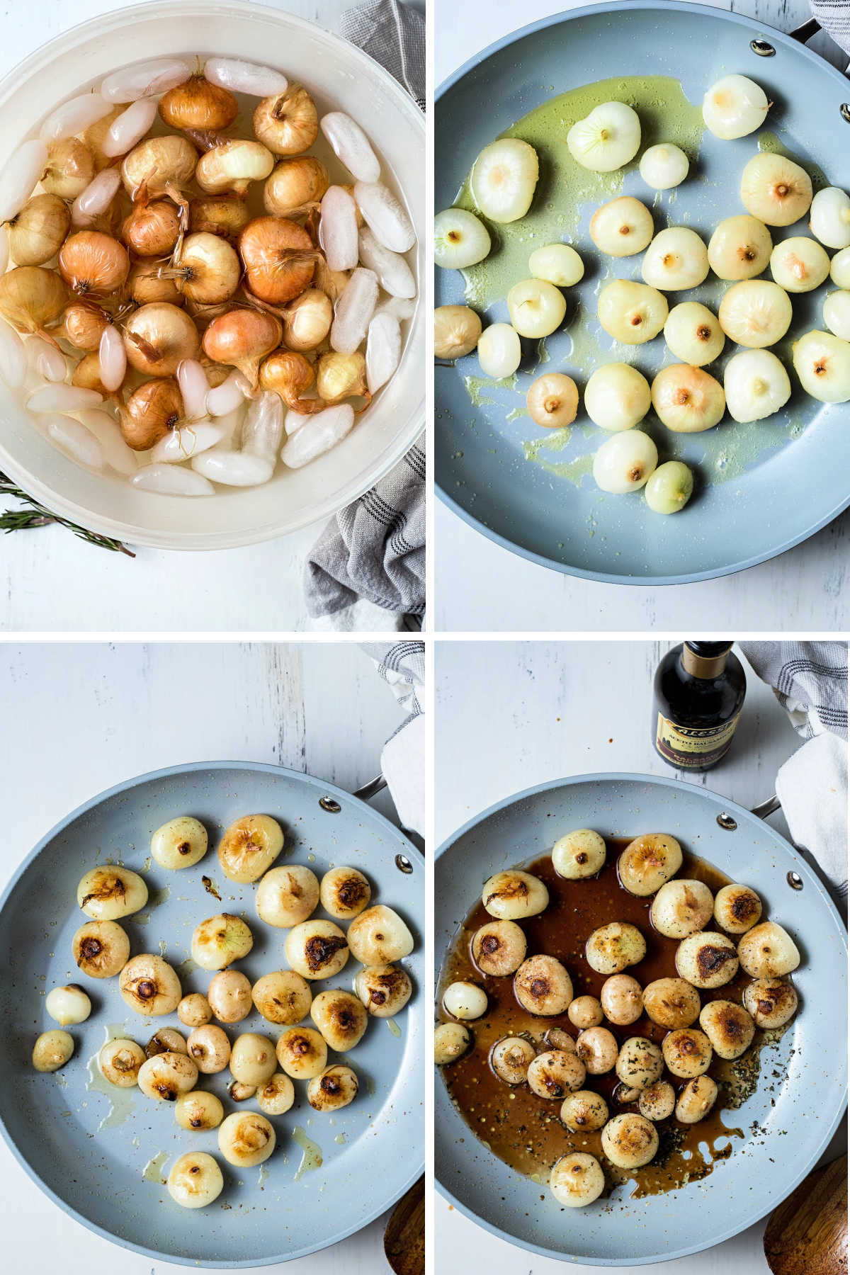 process steps for making glazed cipolline onions: soak in ice water; saute in olive oil and butter; browned onions; add balsamic vinegar and rosemary.