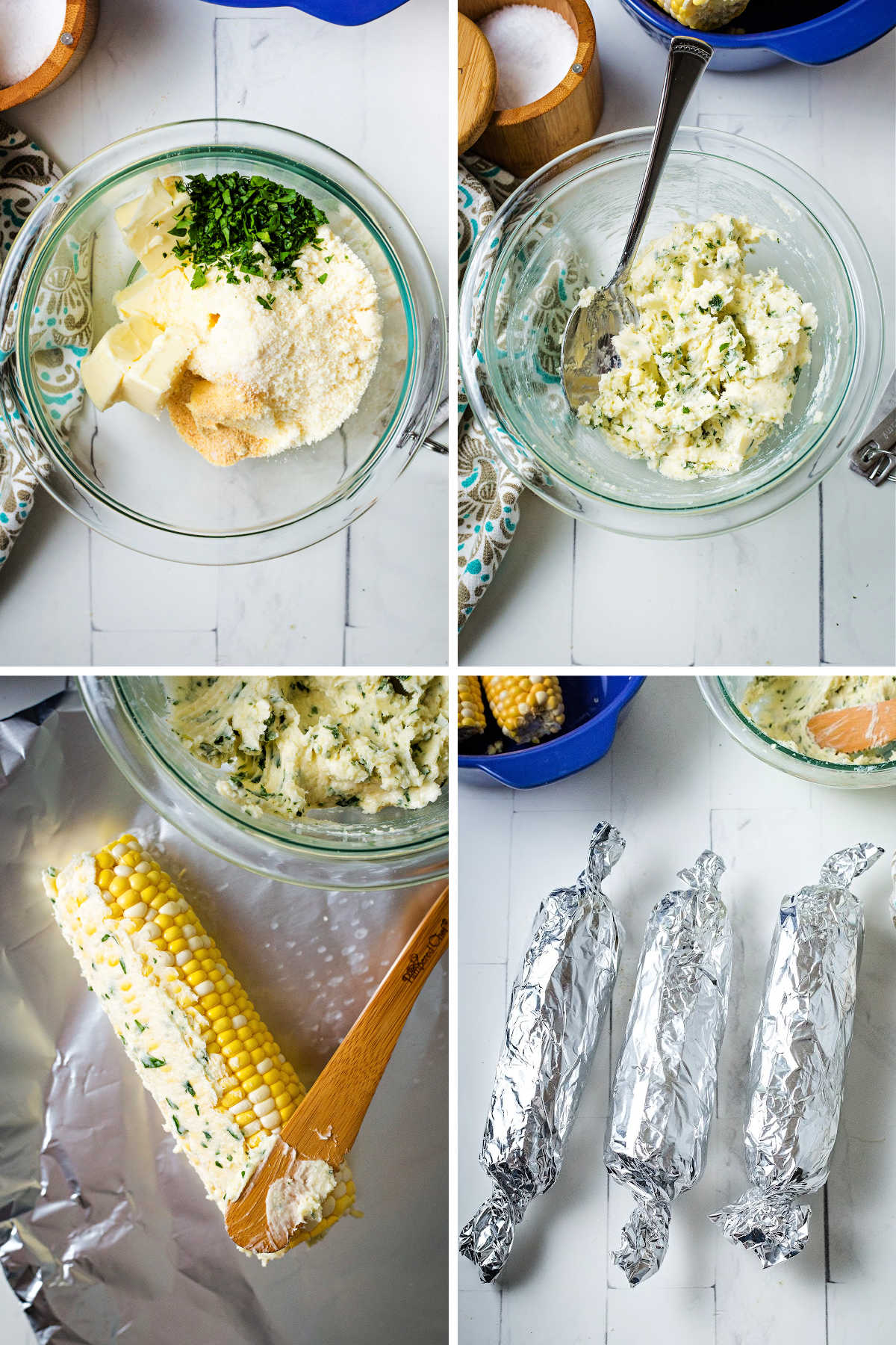 process steps for preparing corn for the grill: combine butter, parmesan cheese, chopped parsley in a bowl; spread on corn; wrap in aluminum foil.