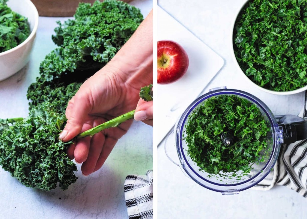 preparing kale for harvest chicken salad: stripping from the stems; chopping in a food processor.