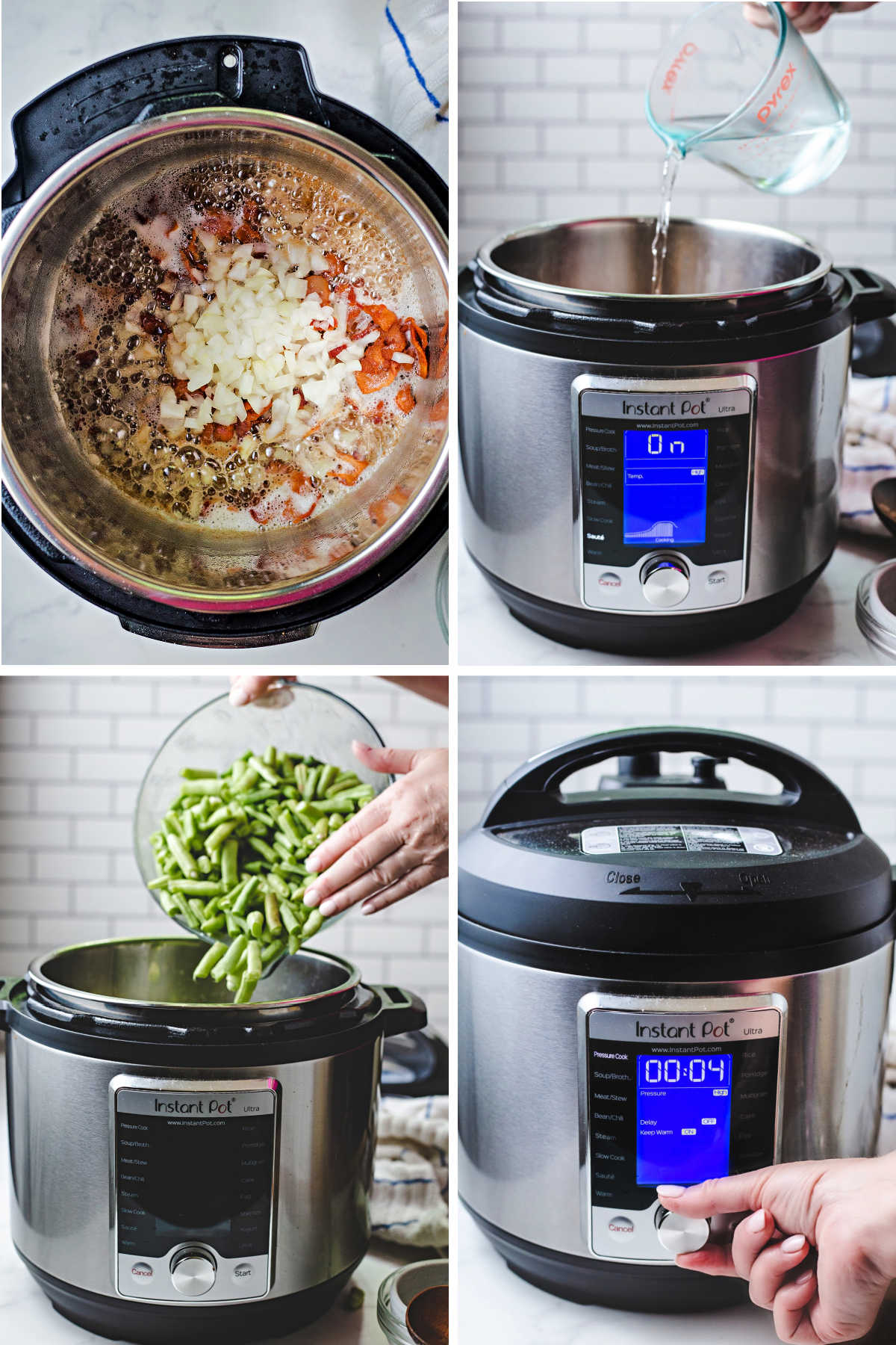 process steps for cooking instant pot green beans: saute bacon and onions; add water; add green beans; lock lid and set cook time.