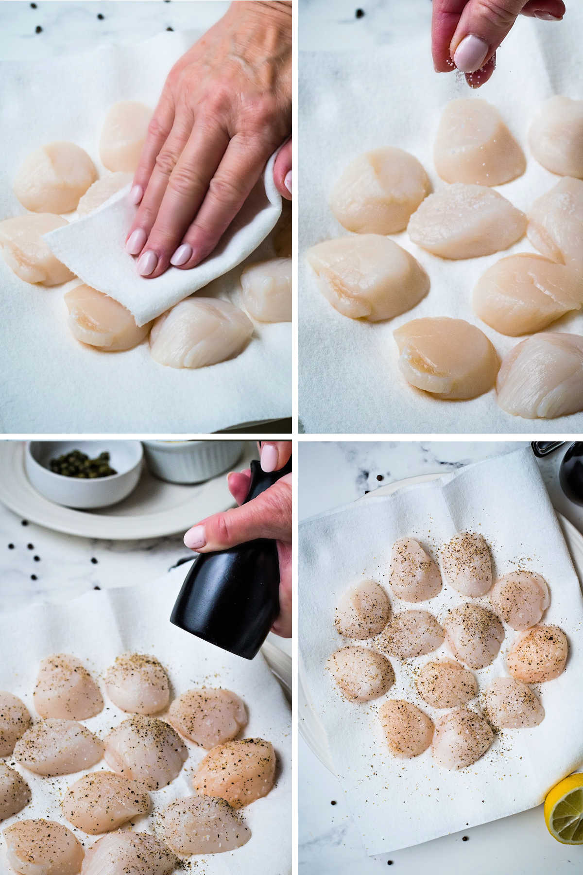 prep steps for seasoning scallops: pat dry with paper towels; sprinkle with salt; add freshly ground black pepper.