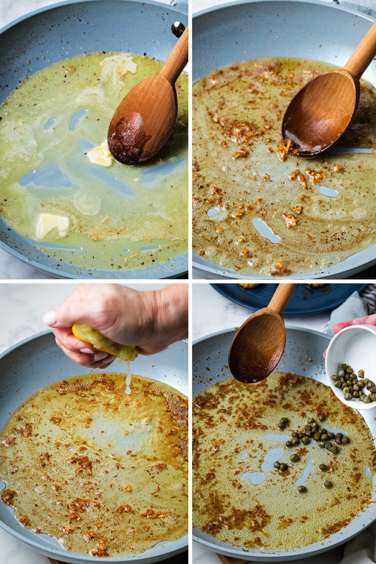 process steps for making brown butter sauce: melt butter in pan; saute garlic; squeeze in lemon juice; add capers.