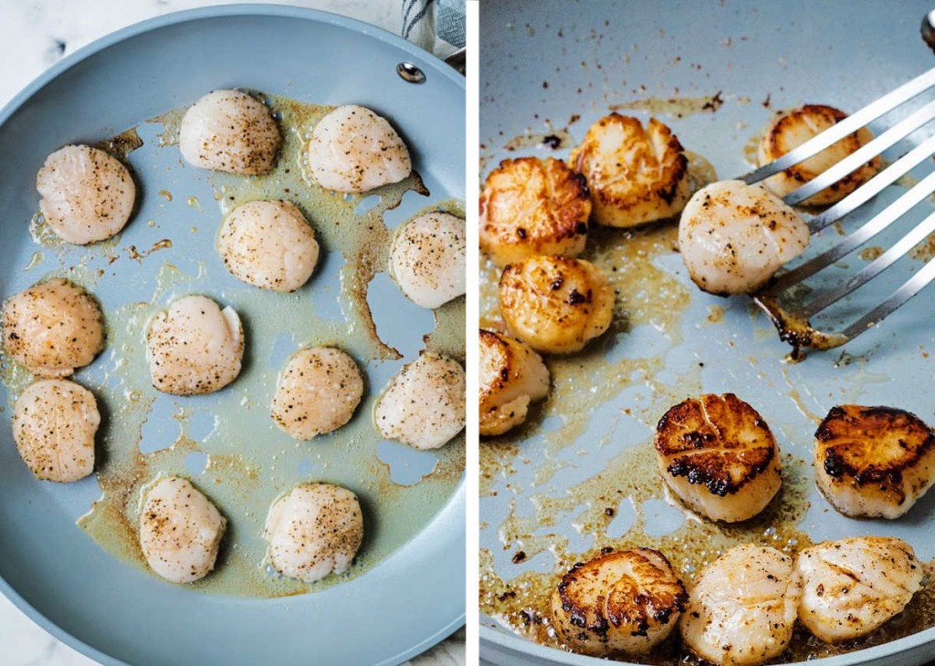 searing scallops in a frying pan and flipping them with a fish turner.