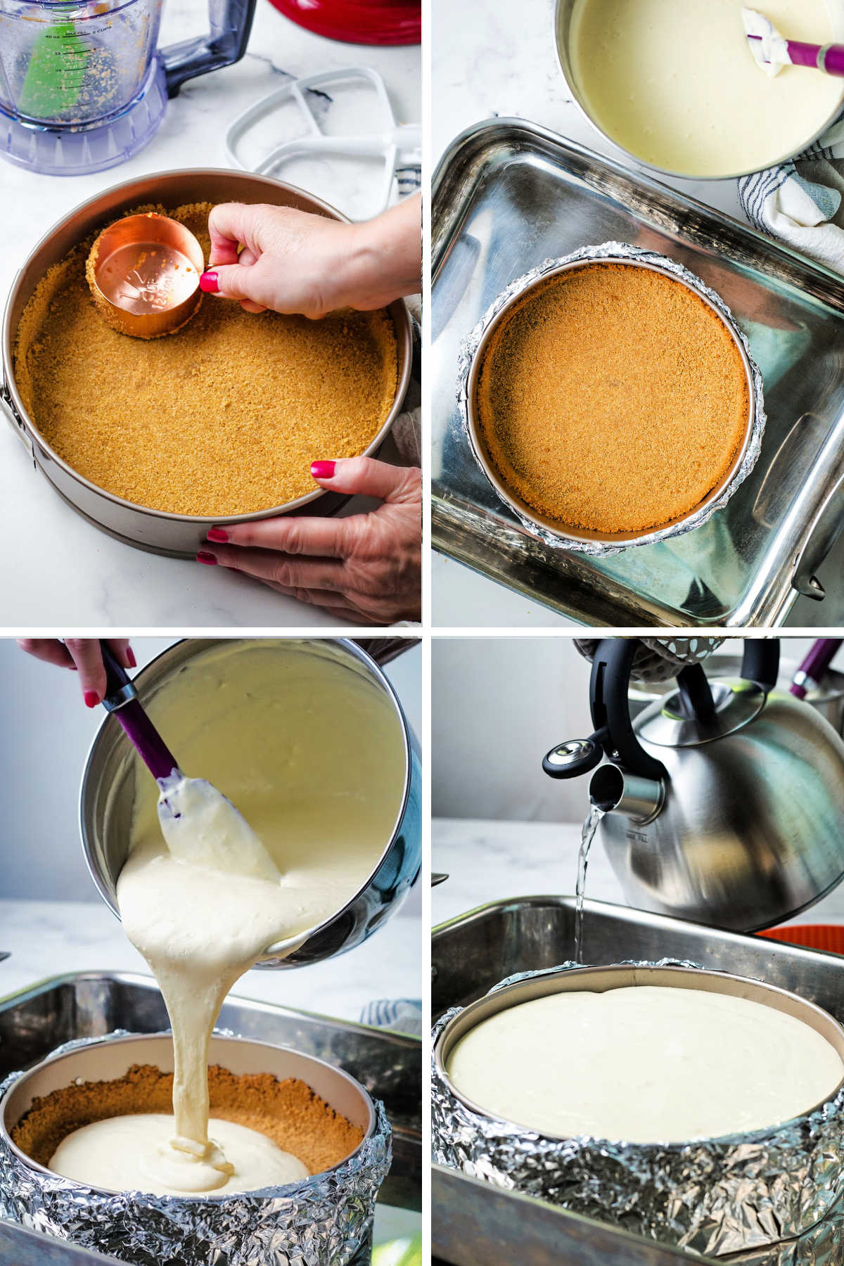 process steps for making cheesecake: press graham cracker crust into springform pan; wrap in aluminum foil and place in roasting pan; pour cheesecake batter into crust; add water to the roasting pan around the cheesecake.