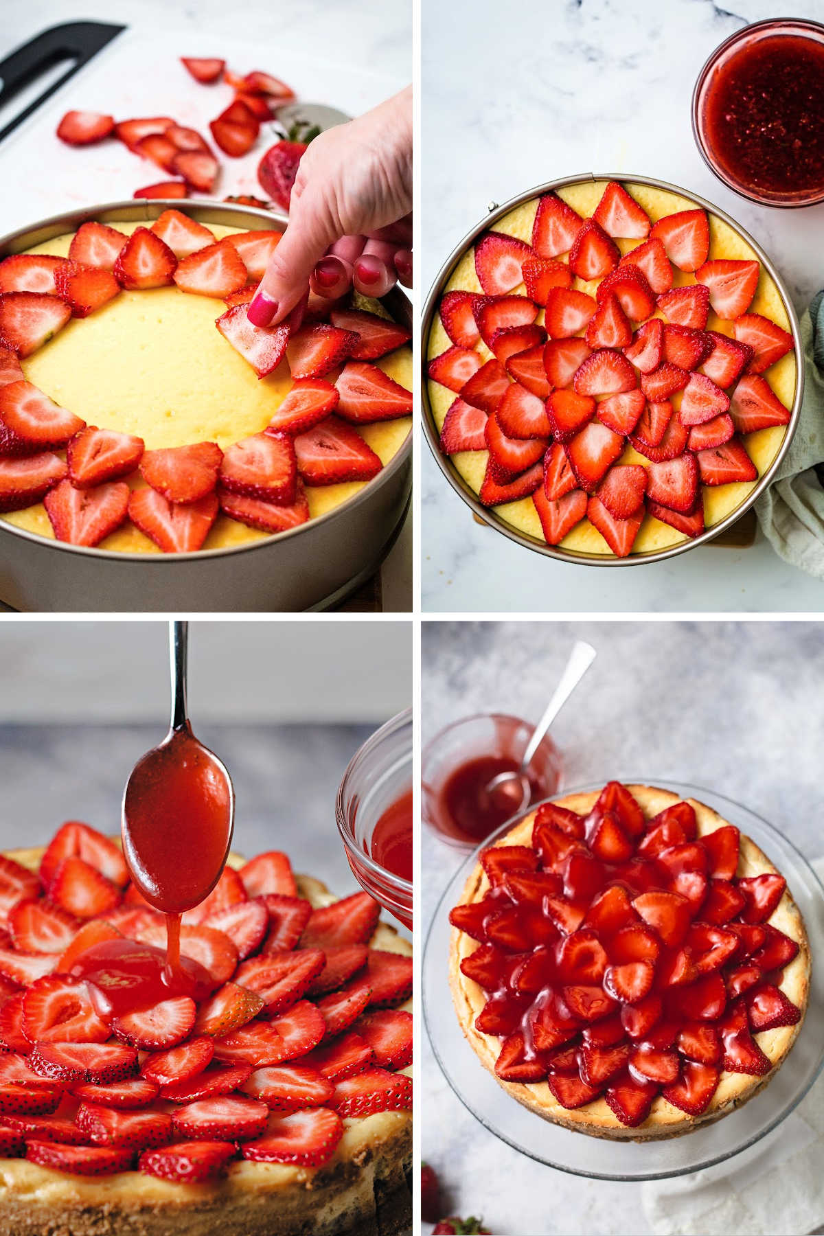 strawberry cheesecake assembly steps: arrange sliced strawberries on baked cheesecake; spoon strawberry gel on top of berries.