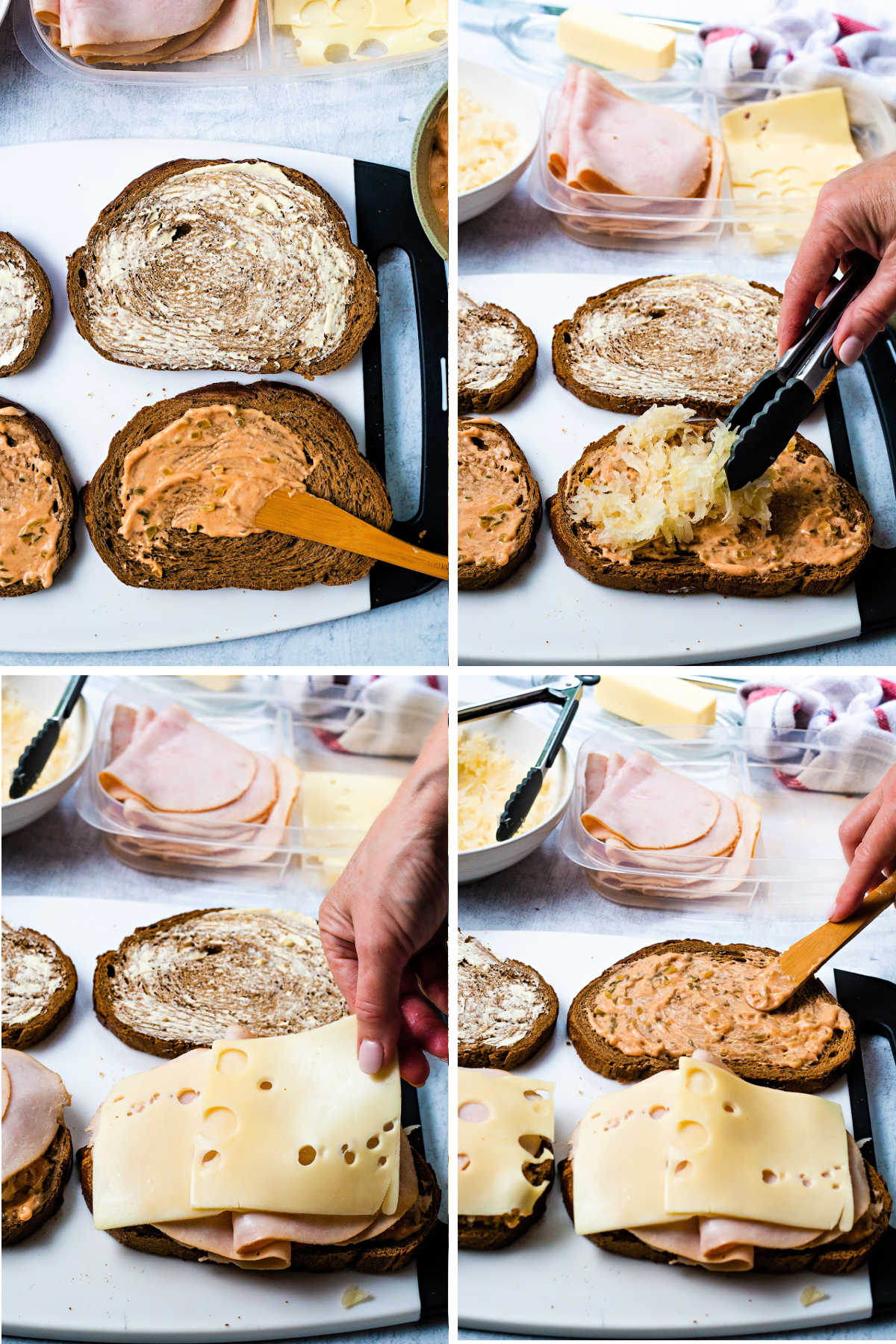 process steps for building a turkey reuben sandwich: spread bread with 1000 island dressing; add sauerkraut; layer turkey and swiss cheese; spread bread with 1000 island dressing.
