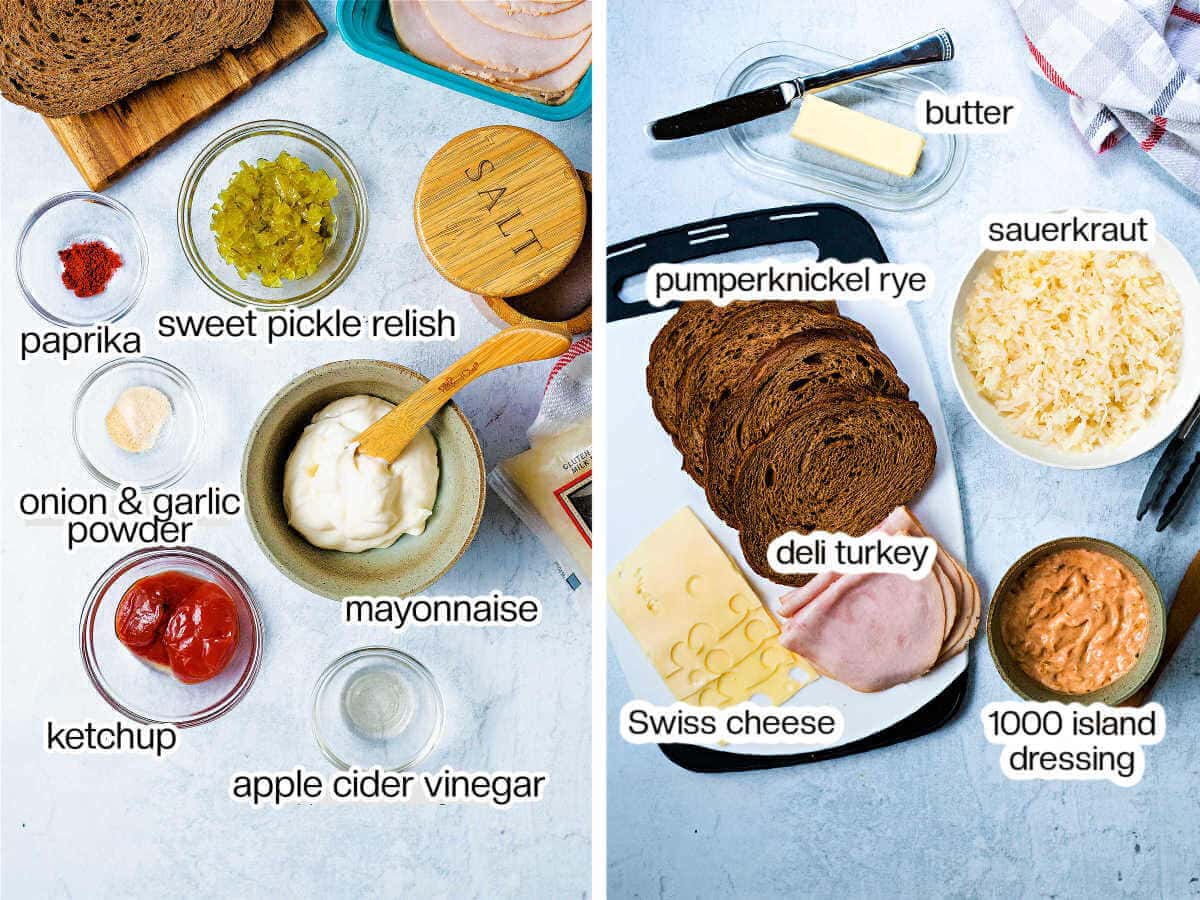 Ingredients for a turkey reuben and homemade 1000 island dressing.