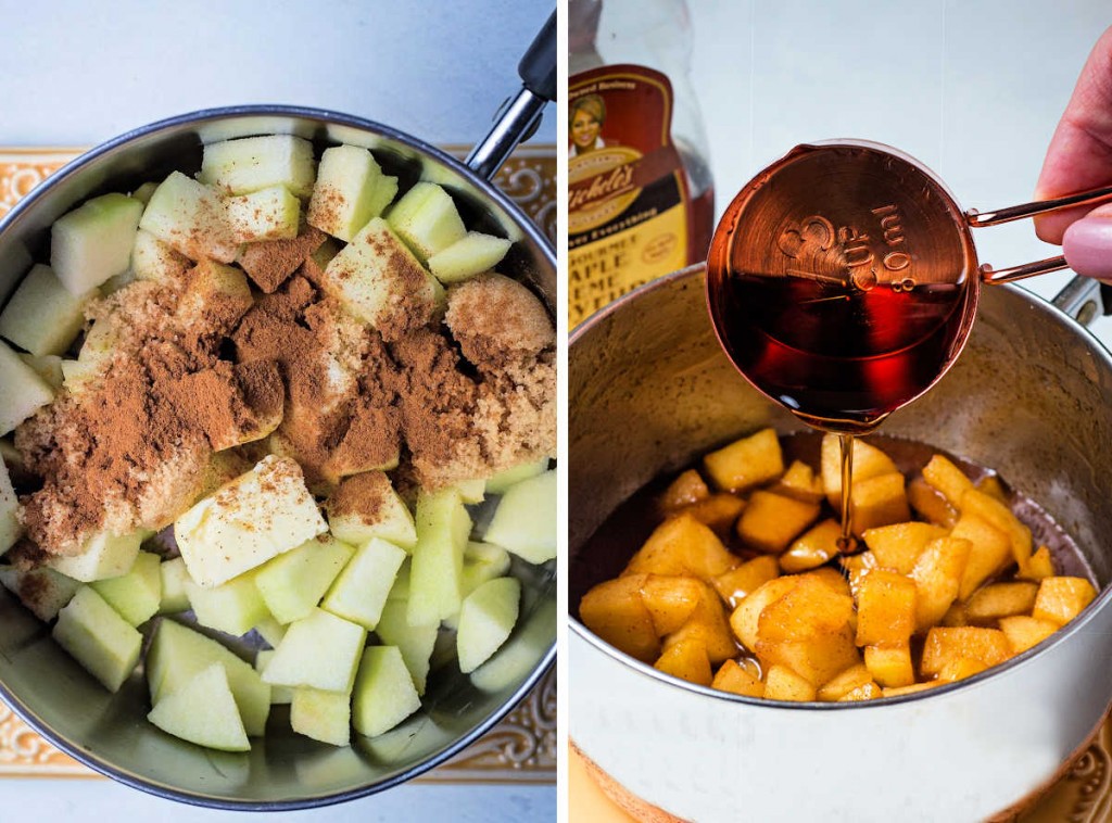 process steps for making apple compote: diced apples with butter, cinnamon, and brown sugar in a saucepan; pouring maple syrup into cooked apples.