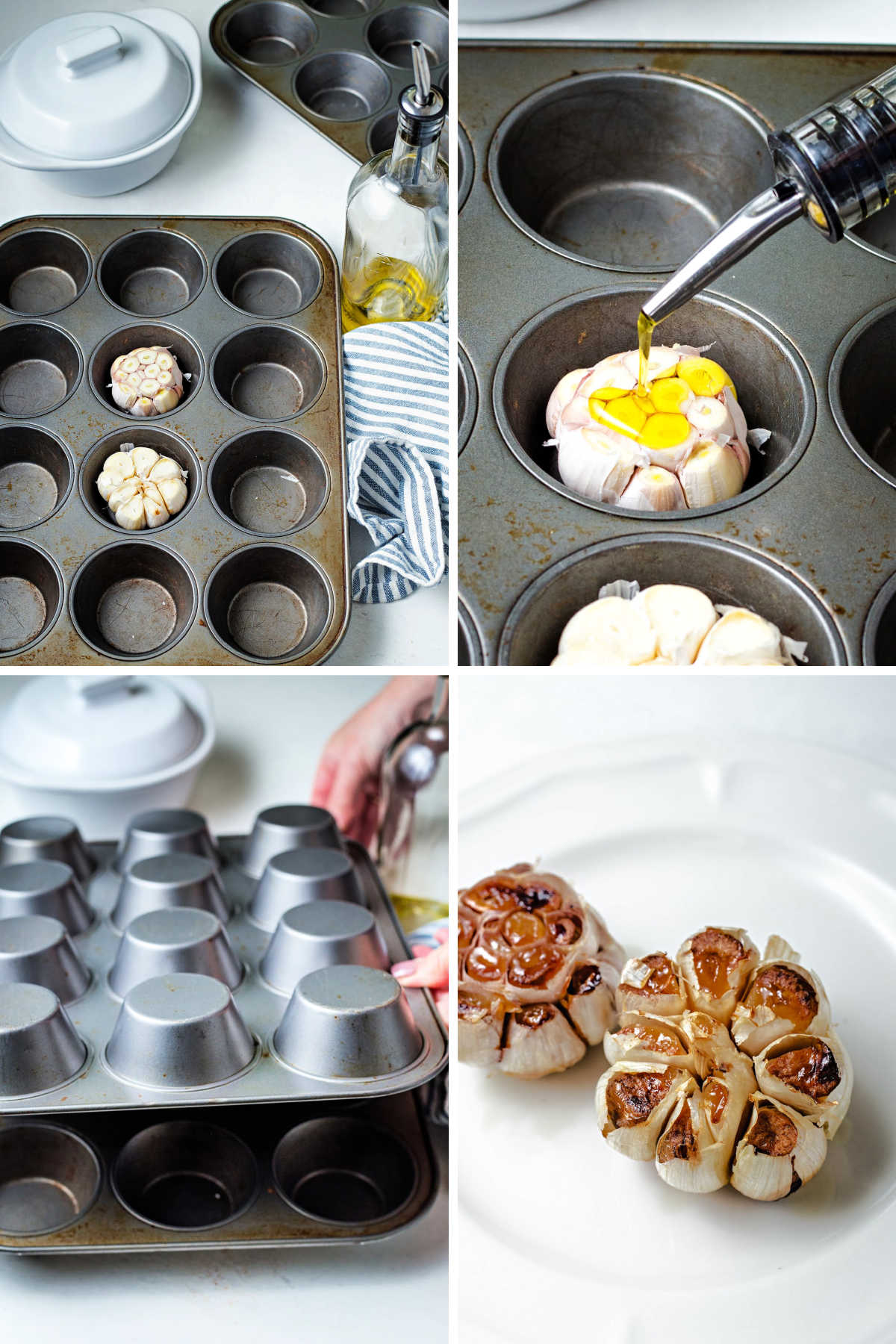 process steps for roasting garlic; place in muffin cup; drizzle with olive oil; invert another muffin tin on top; roast in oven.
