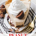 a slice of peanut butter pie on a plate with a chocolate swirl, garnished with a dollop of Cool Whip and chopped peanut butter cups sitting on a linen napkin with a gold fork.