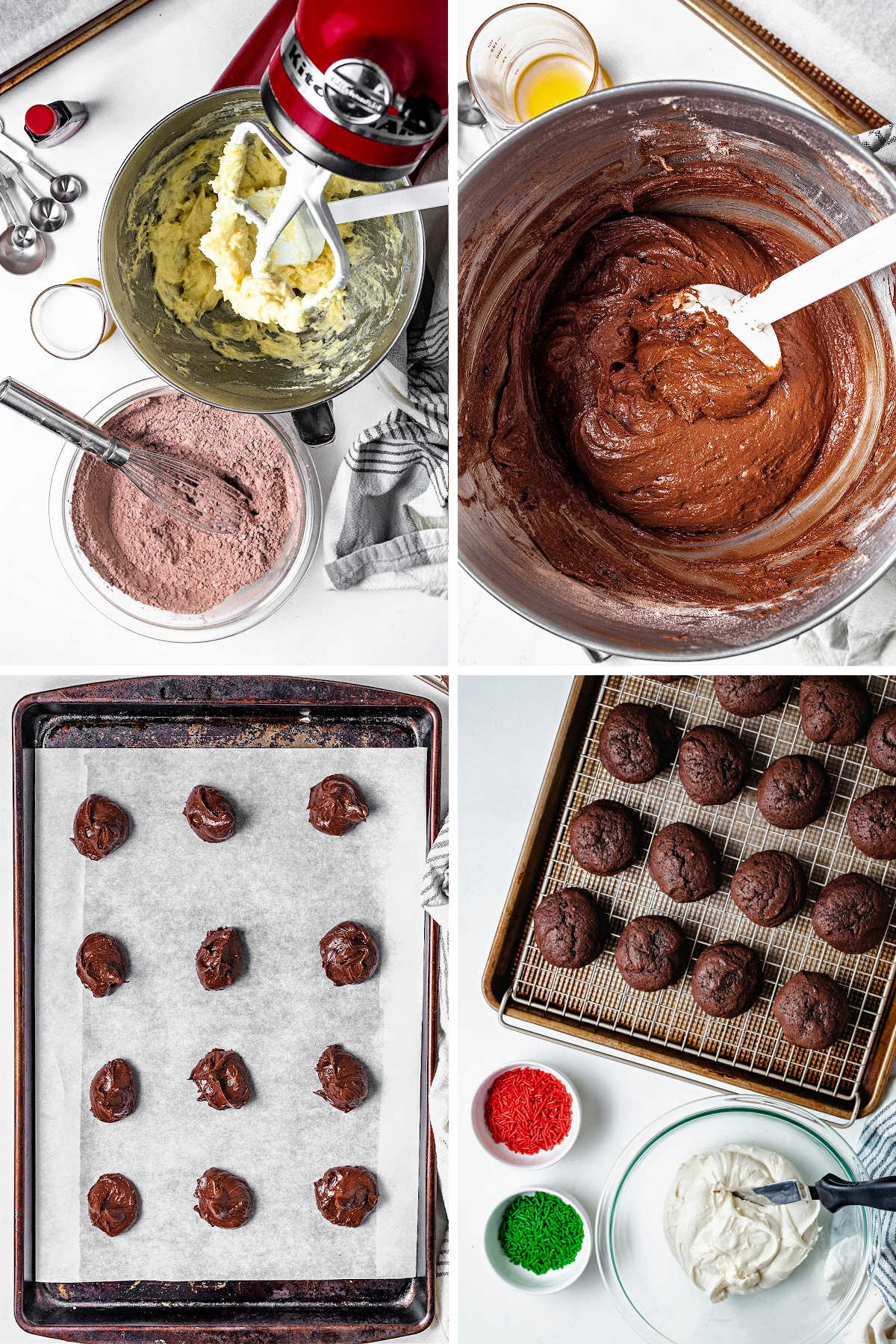 process steps for making chocolate drop cookies: preparing batter; batter in the bowl; cookie dough on baking sheets; cooling on wire racks.