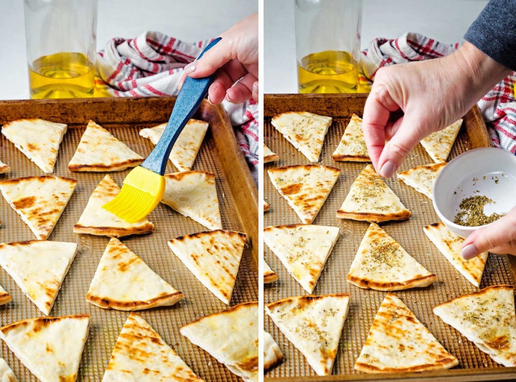 process steps for making baked pita chips: baste pita bread with olive oil; sprinkle with oregano.