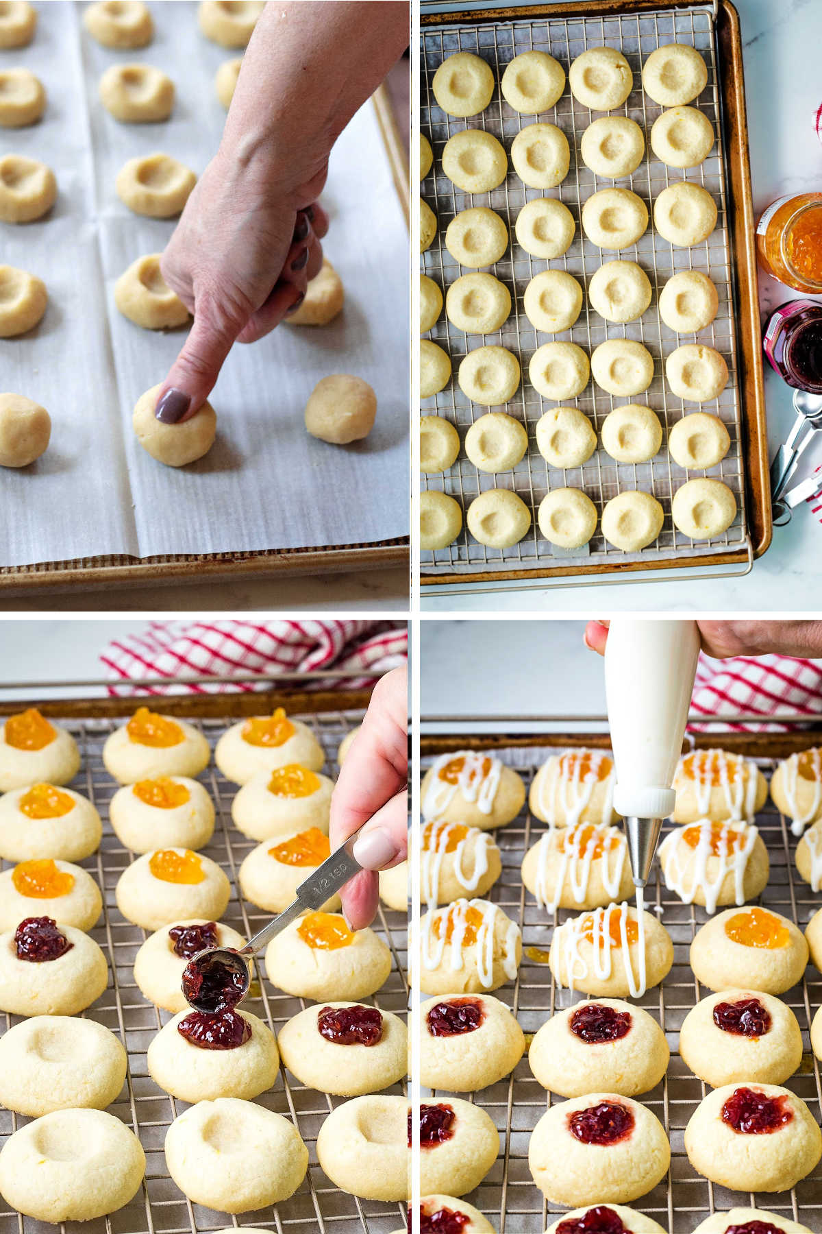 process steps for making jam thumbprint lemon shortbread cookies: press indentation with thumb into cookie dough; cool on a wire rack; fill with jam; drizzle with glaze.