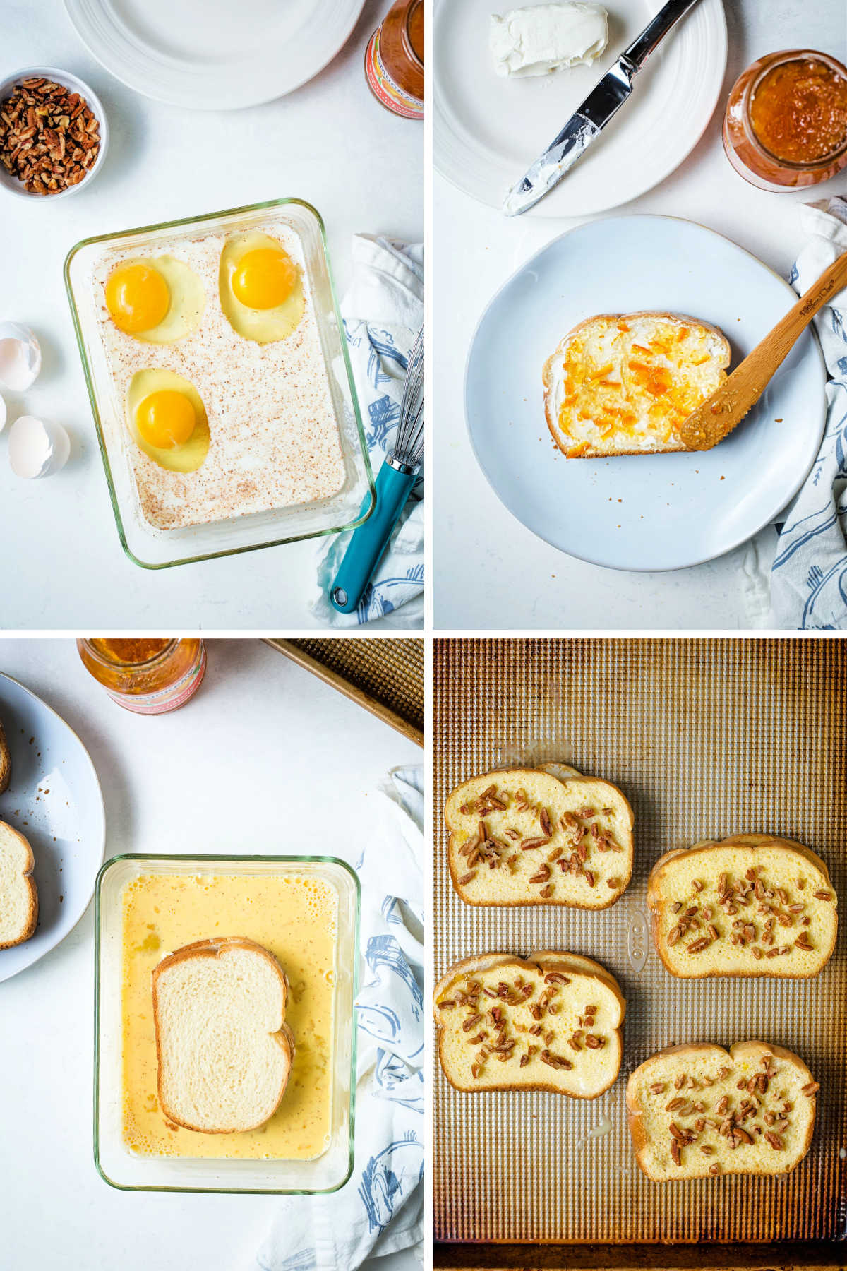 process steps for making orange french toast: whisk together eggs, milk, and vanilla; spread bread slices with cream cheese and orange marmalade; dip in egg mixture; place on baking sheet.