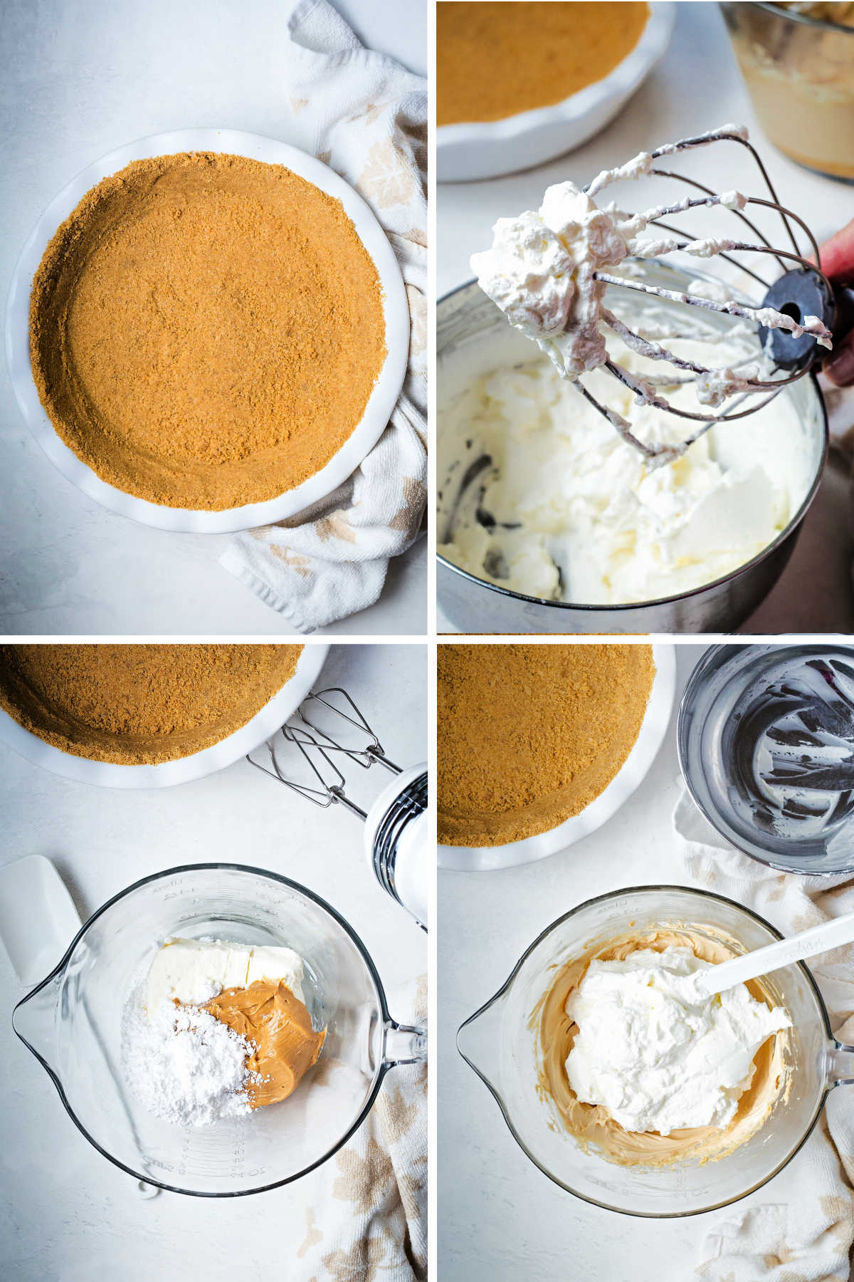 process steps for making peanut butter pie: prepare the graham cracker crust; whip heavy cream until stiff; combine ingredients; fold in the whipped cream.