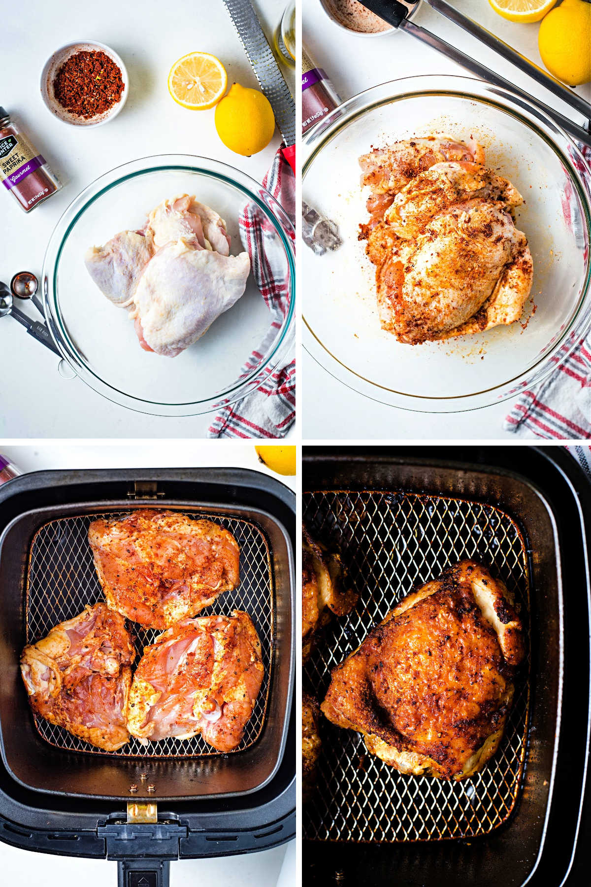 process steps for making air fryer chicken thighs: make a spice rub; coat chicken; place skin side down in air fryer basket; flip and cook until crispy.