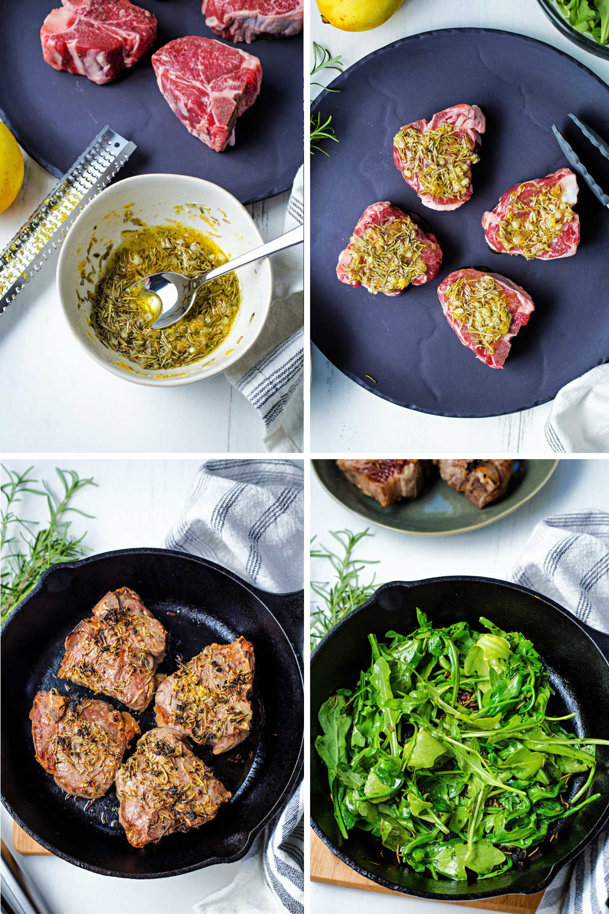 process steps for preparing broiled lamb chops: make a paste with rosemary, garlic, olive oil, and lemon; drizzle over lamb chops; place in hot cast iron pan; wilt arugula in pan juices.